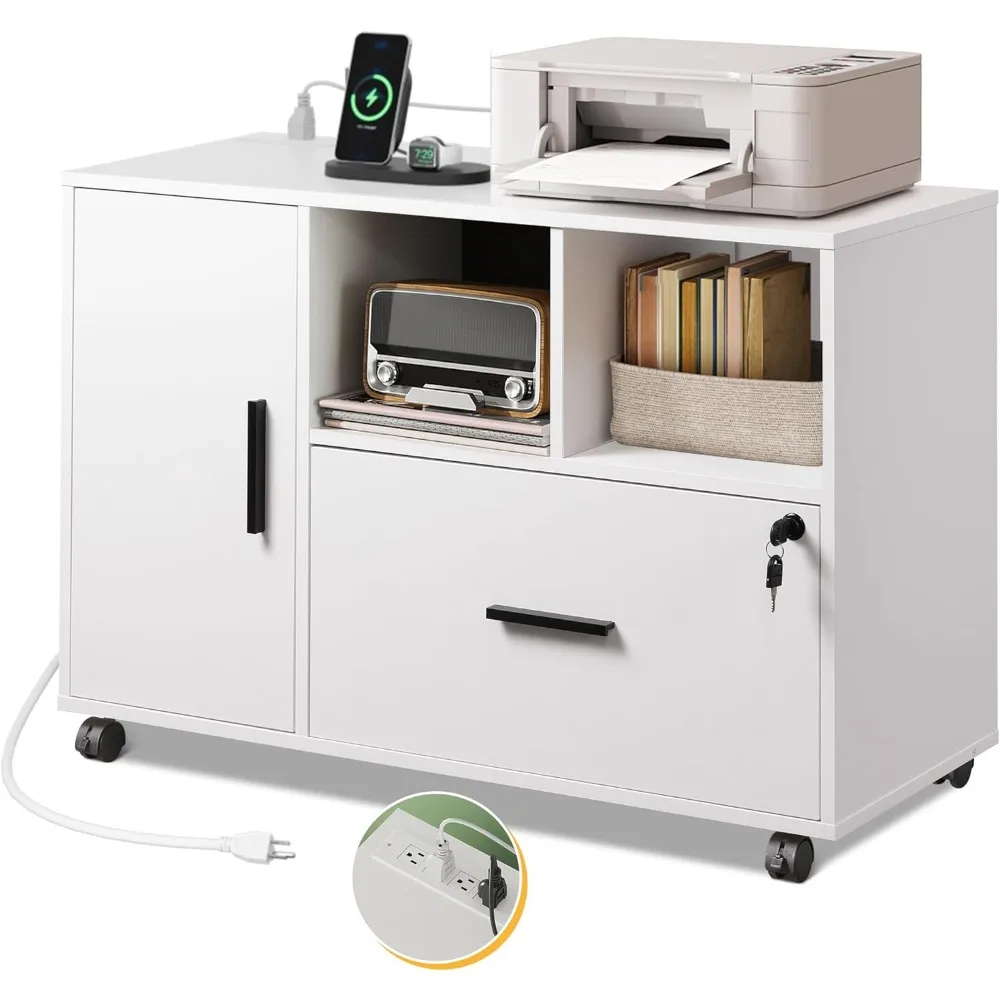 

with Charging Station, 1-Drawer Lateral File Cabinets with Lock for Home Office, Wooden Rolling Printer Stand with Shelves
