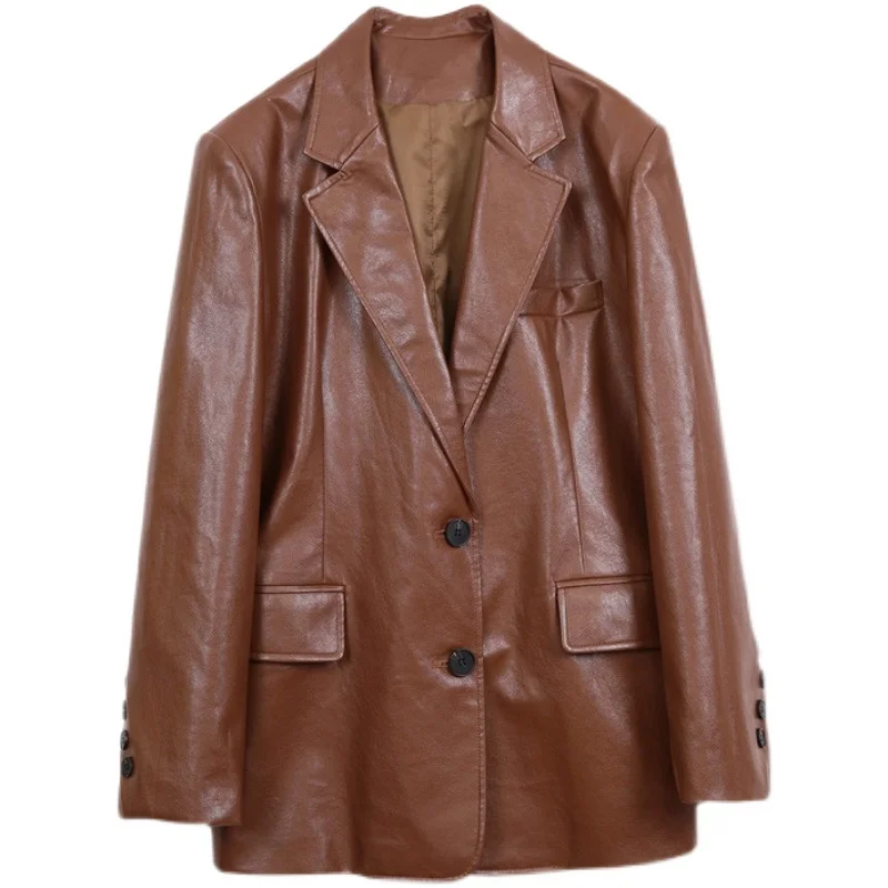 Lose Beiläufige Braun Leder Jaet frauen Frühling Herbst Neue Sle Koreanische Version Retro PU Anzug Mantel Lange Sve pendeln
