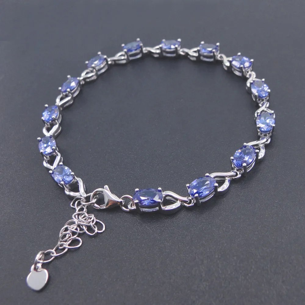 100% 925 Sterling Silver Bracelet Stamped S925 Oval Blue Created Sapphire Tanzanite Fine Women Jewelry with 7