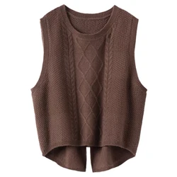 Nieuwe dames 100% pure wol ronde hals vest chic smoking vest herfst winter mouwloos DHZ vest losse korte gebreide trui dames