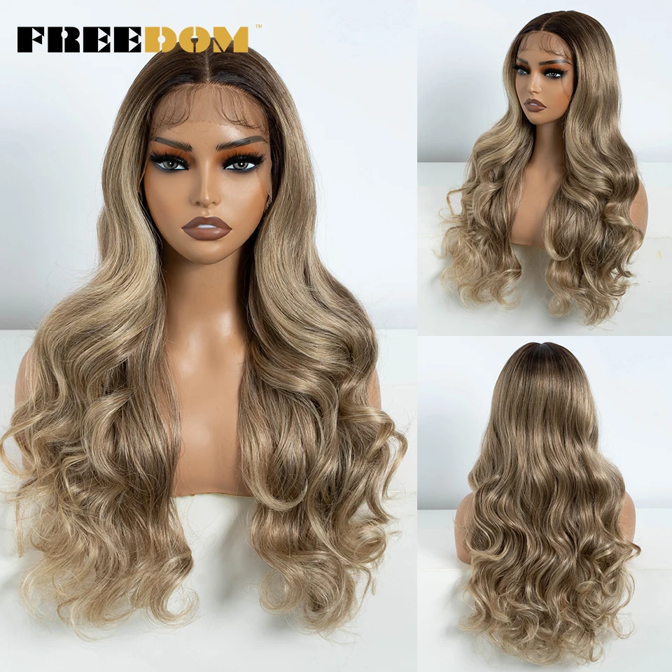 FREEDOM Synthetische Perücken mit Spitze vorne für Damen, 24 Zoll lang, gewellt, Ombré-Blond mit braunen Highlights, hitzebeständige Perücke für den täglichen Gebrauch. – Detail 2