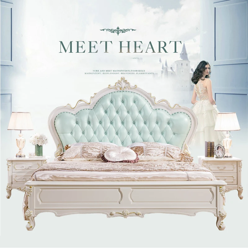 

European Modern Queen Bed Hand Carved Solid Wood with Hydraulic Storage Genuine Leather Princess Bridal Bed for Master Bedroom