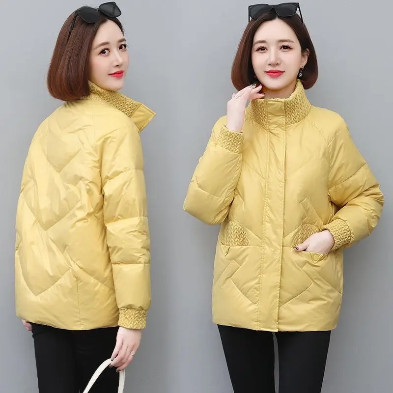 Nueva chaqueta de plumón para mujer de otoño e invierno, chaqueta holgada con empalme a prueba de viento y cuello levantado