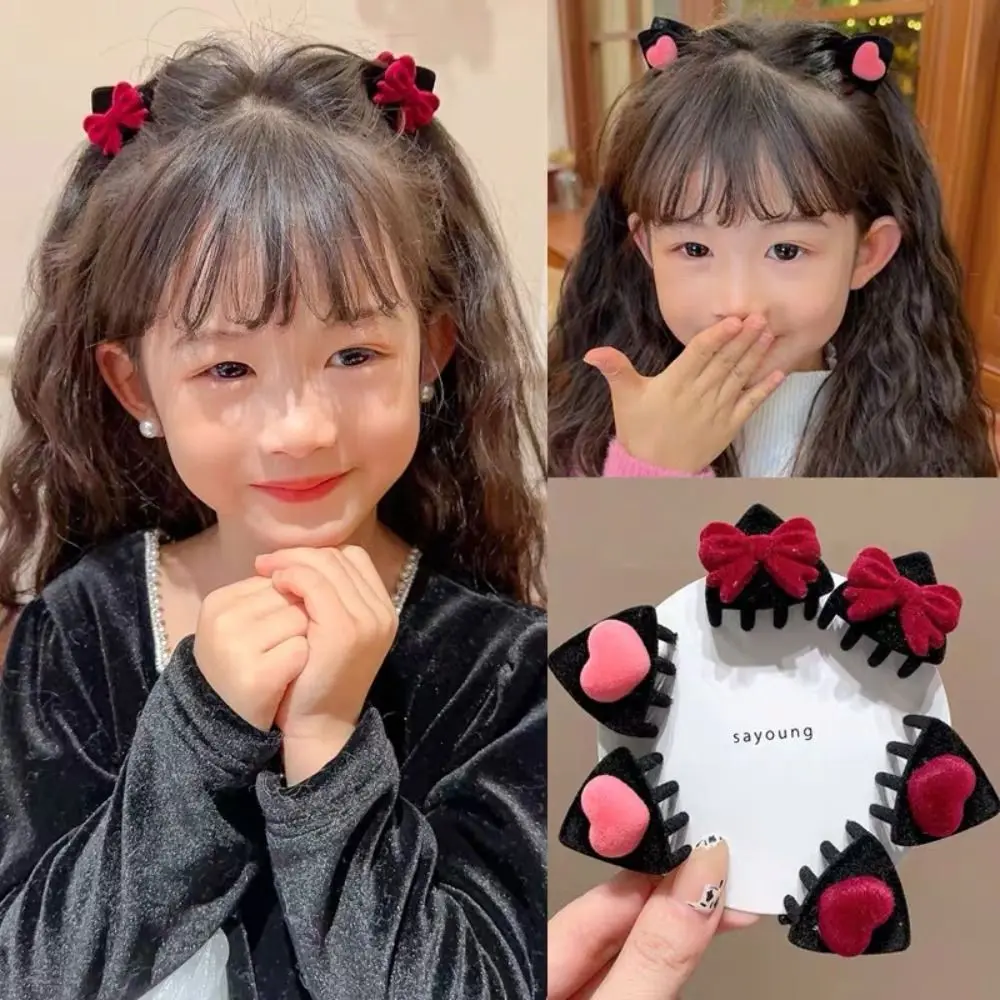 

Heart Cat Ear Hairpin Creative Flocking Cartoon Children's Hair Clip Bow Small Grab Clip Velvet Hair Clip Travel