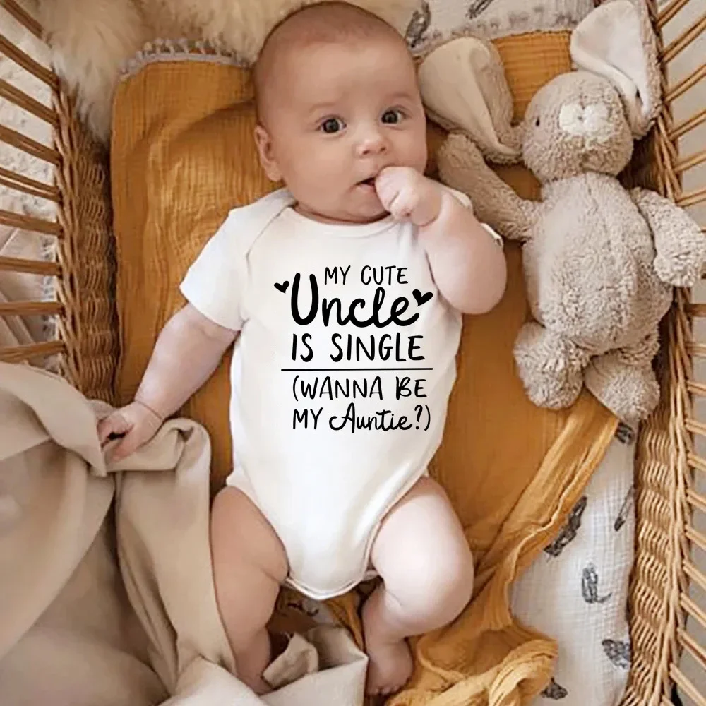 My Uncle Is Single Wanna Be My Auntie Print Baby Bodysuit Short Sleeve White Cotton Romper Clothes Summer Jumpsuit
