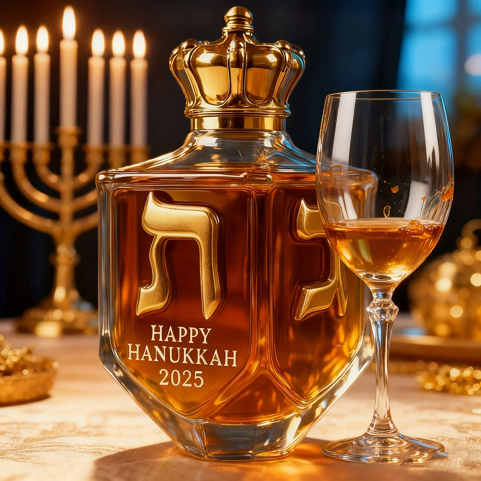Hanukkah Commemorative Gold Rimmed Glass Decorative Bottle Shatterproof Whiskey Bottle with Hebrew Text Hanukkah Menorah
