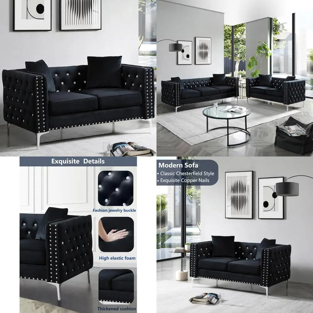 

Modern Velvet Tufted Loveseat Sofa with 59.4 Jewel Buttons, Square Arms, Silver Legs, 2 Seater Couch