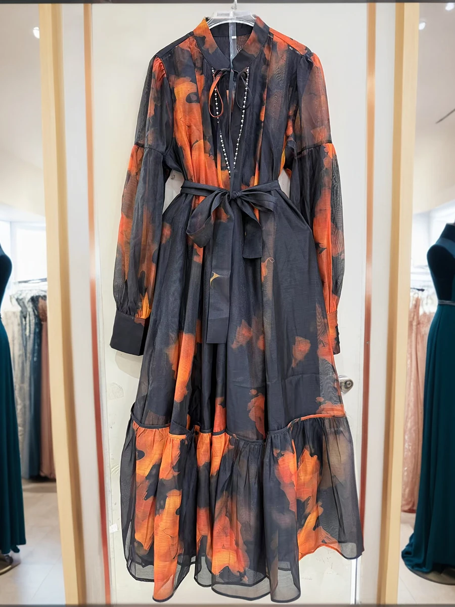 VGH Elegant Colorblock Printing Dresses for Women Stand Collar Lantern Sleeve High Waist Spliced Lace Up Plus Size Dress Female
