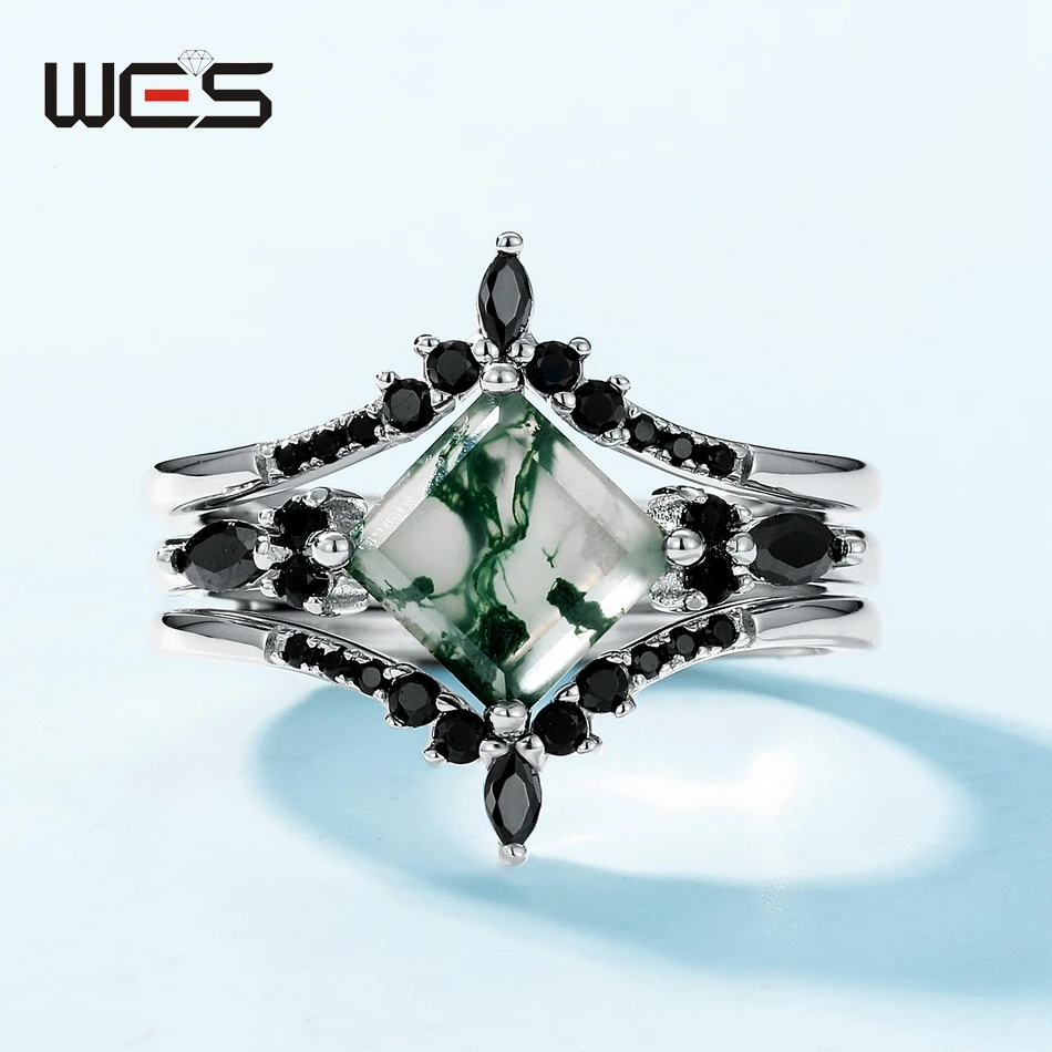 WES 925 Sterling Silver Crown Moss Agate Leaf Ring Sets for Women Mom Crystal Natural Gem Anniversary Jewelry Wholesale Gift