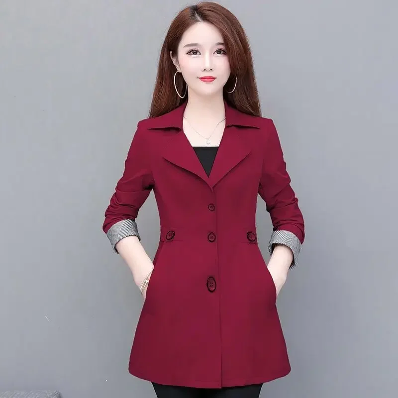 Women Spring and Autumn Fashion New Suit Collar Trench Solid Color Cultivation Button Pockets Splicing Versatile Mid-length Coat