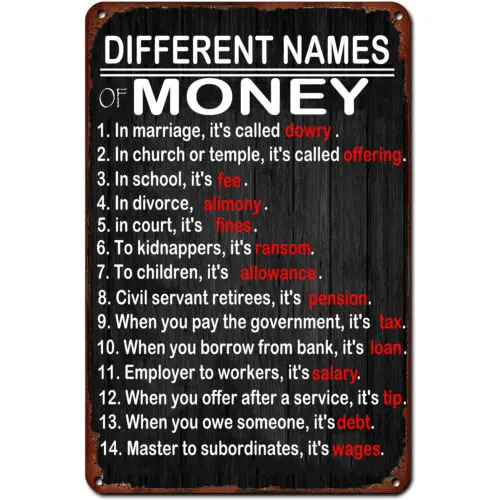 1p,Retro Metal Signs Different Names of Money Wall Decor Plaque Bar Poster Tin Sign