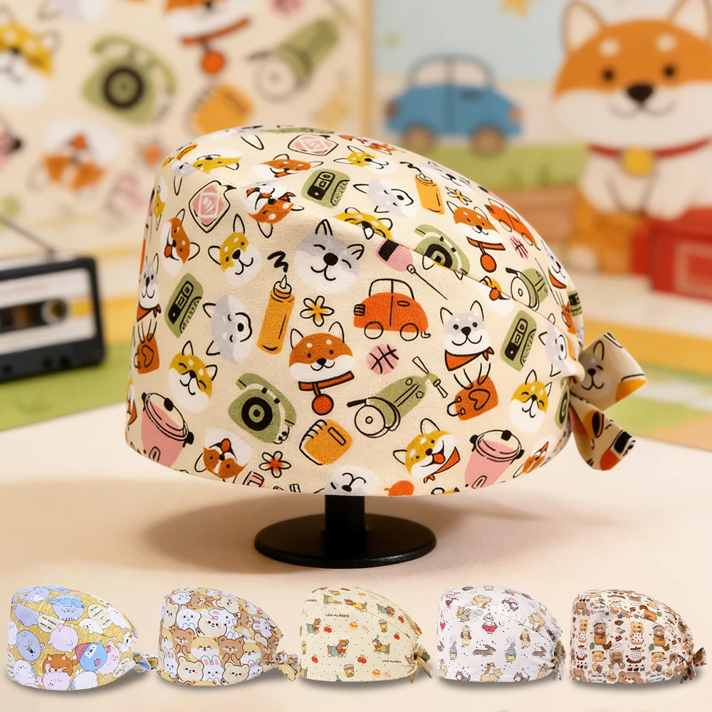 Cartton Dog Women' Printed Caps Home or Worker Scrubs Hat Breathable Adjustable Dental Hospital Working Hats M1189
