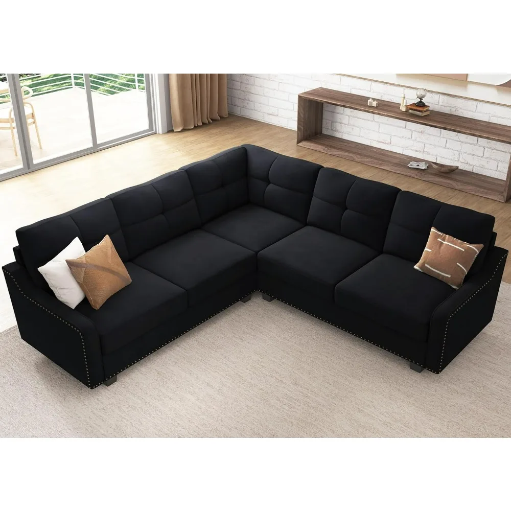 

Convertible Sectional Sofa L Shaped Couch for Small Apartment Reversible Sectional Couch,Velvet Black, Living Room Sofas