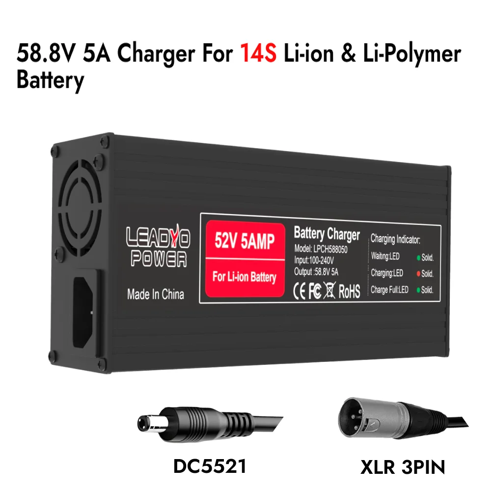 52V 58.8V Lithium 5A Battery Charger For 52V 14S E-bicycle E-motorcycle With Plug DC2.1 XLR-3PIN  Optional  Smart Fast Charger