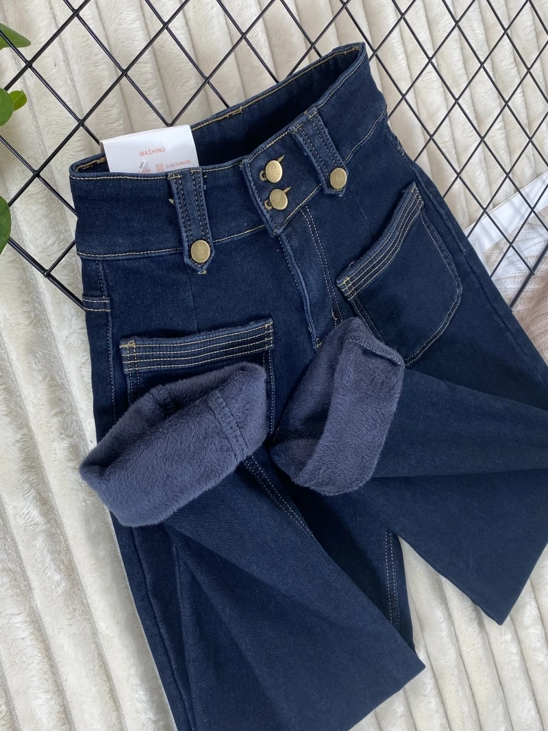 

Модные синие прямые джинсы с высокой талией для женщин, зимние бархатные и утолщенные теплые широкие джинсовые брюки, модные