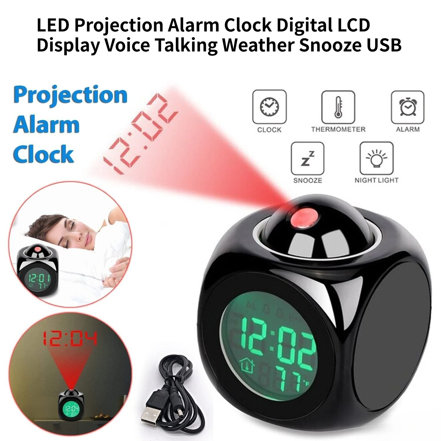 LED Projection Alarm Clock Digital LCD Display Voice Talking Weather Snooze USB