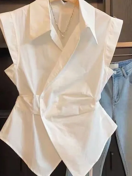 

Elegant White Collar Waist-Cinched Shirt for Women Slimming Versatile Summer High-End Feel Ladies Top Quality Polyester
