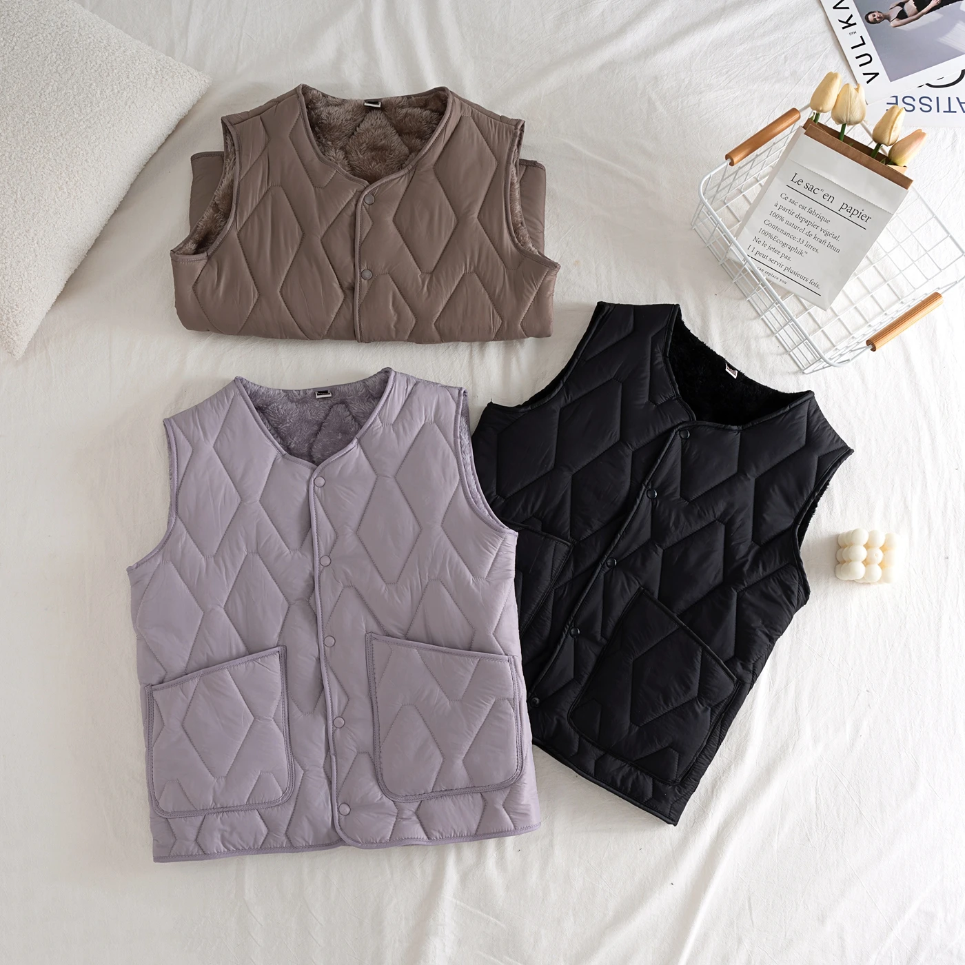 

Men's Fce Lined down Vest Warm Inner Wear Buttoned Cotton Jaet Close Fitting oulder Pad Student Indoor Wear Polyester ...