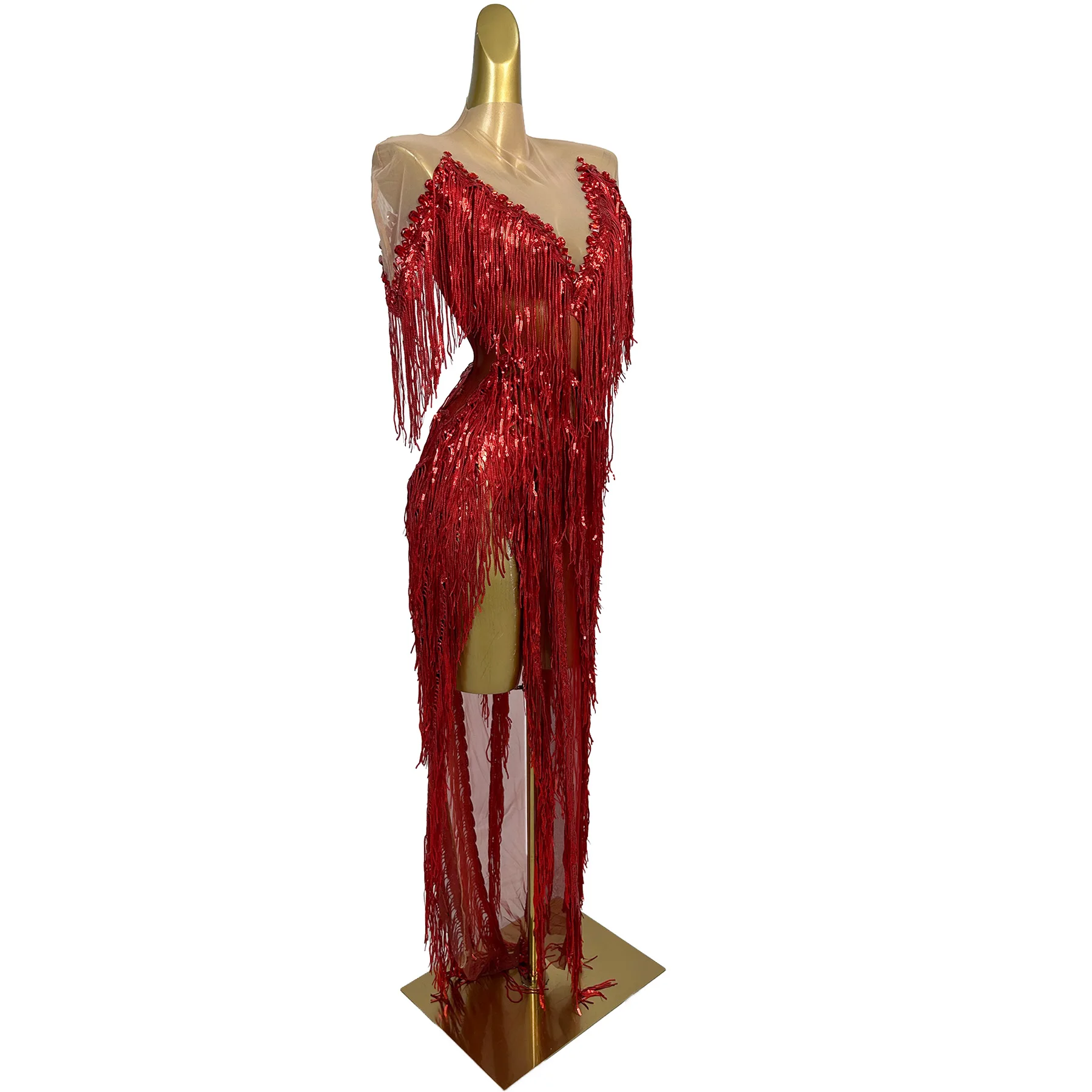 Lazhu Luxury Red Tassel Fringe Long Gown V Neck Sheer Mesh See Through Singer Stage Performance Outfit