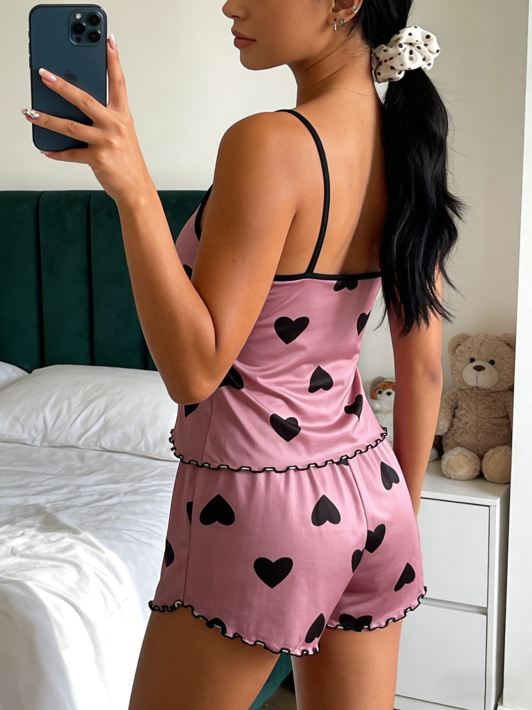 Women Pajamas Round Neck Spaghetti Strap Sleeveless Tank Top Ruffle Hem Shorts 2 Piece Set Spring Summer Fall Cute Heart Print S