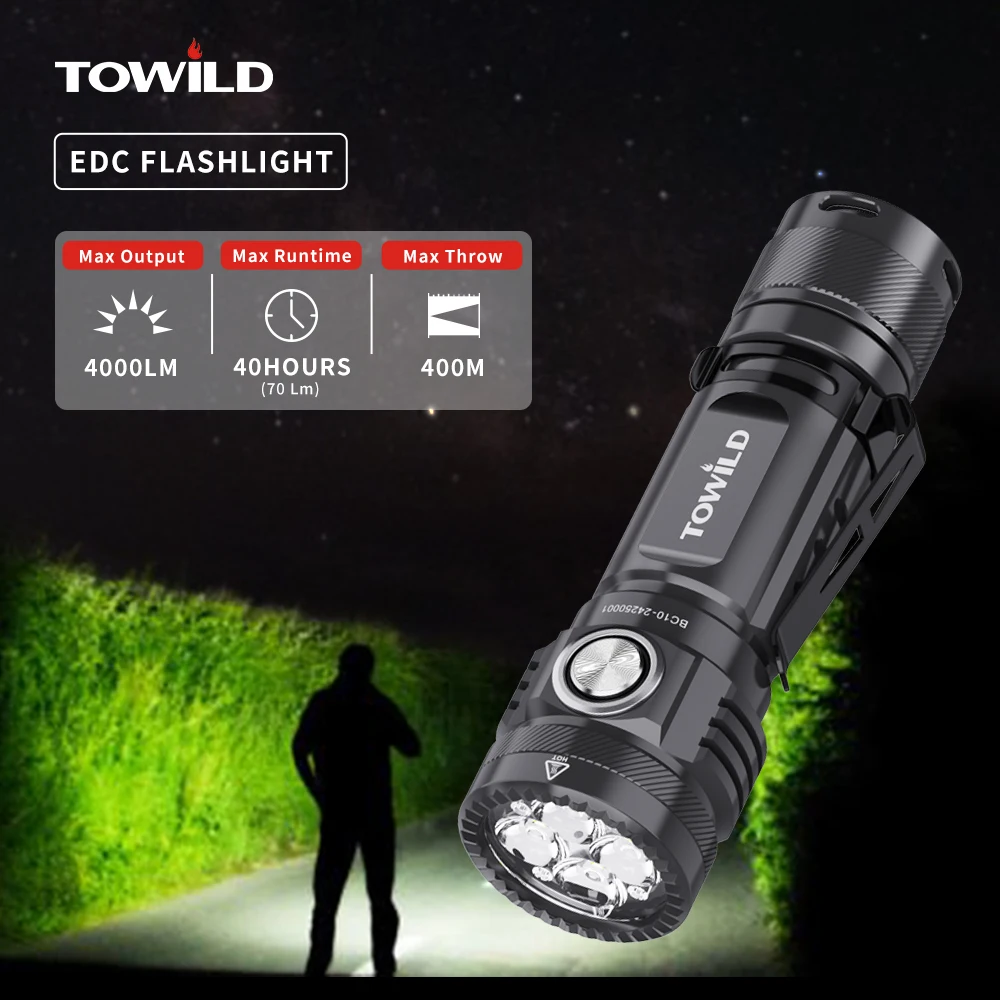 TOWILD-BC10 EDC Tipo C portátil recarregável de alta potência lanterna LED, tocha para acampar, auto-defesa, 4000lm, 21700