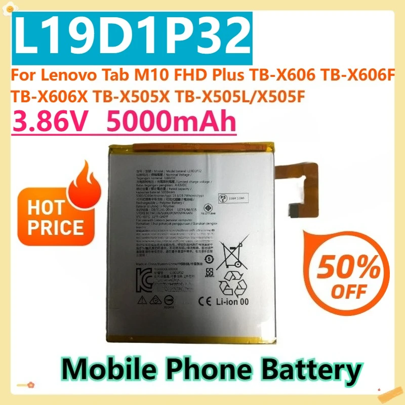 

For Lenovo Tab M10 FHD Plus TB-X606 TB-X606F TB-X606X TB-X505X TB-X505L/X505F High Quality 5100mAh L19D1P32 Battery