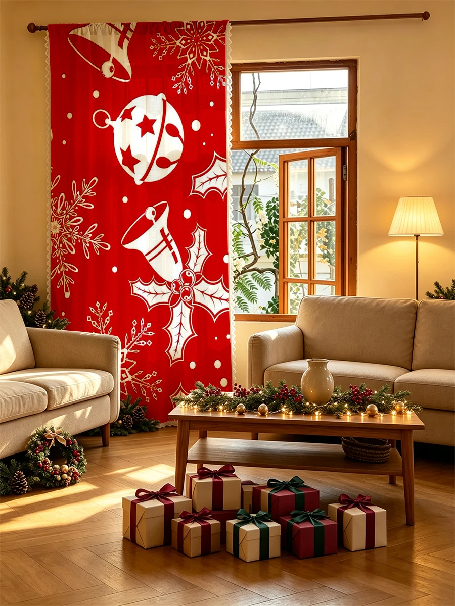 1PC Christmas Winter Tassel Sheer Curtain, Christmas Bell Snowflake, Digital Print, Linen Polyester, Bedroom Living Room