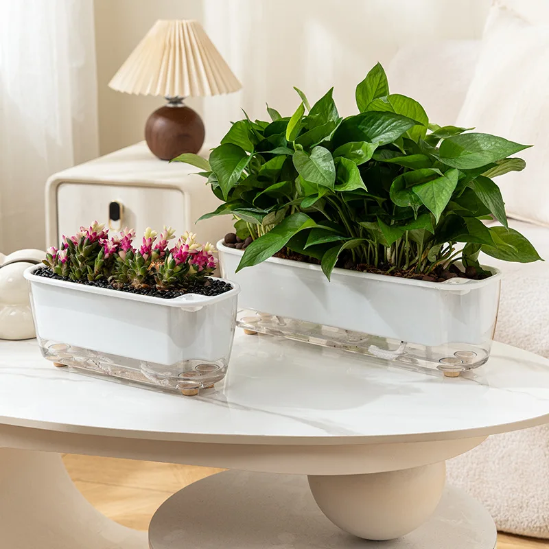 Long Rectangle Self Watering Planter Transparent Lazy Absorb‑Water Flower Pot Indoor Balcony Succulent Pothos Plant Container