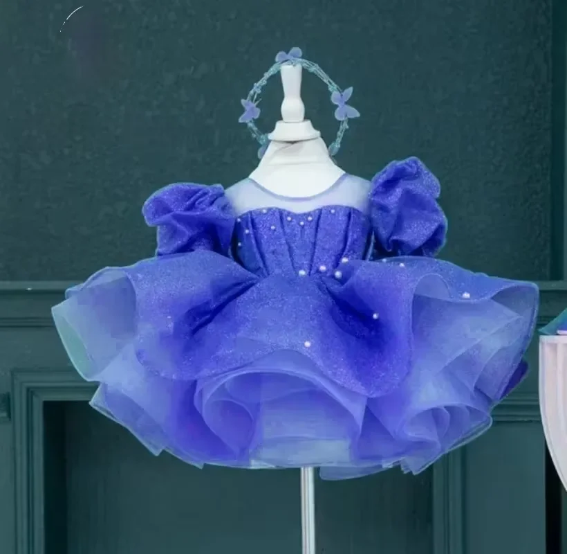 Custom Luxury Dress Wedding Guest Gown Flower Girl Dress Birthday Party Gown Pageant Runway Puff Sleeve Satin Tulle Kids Formal
