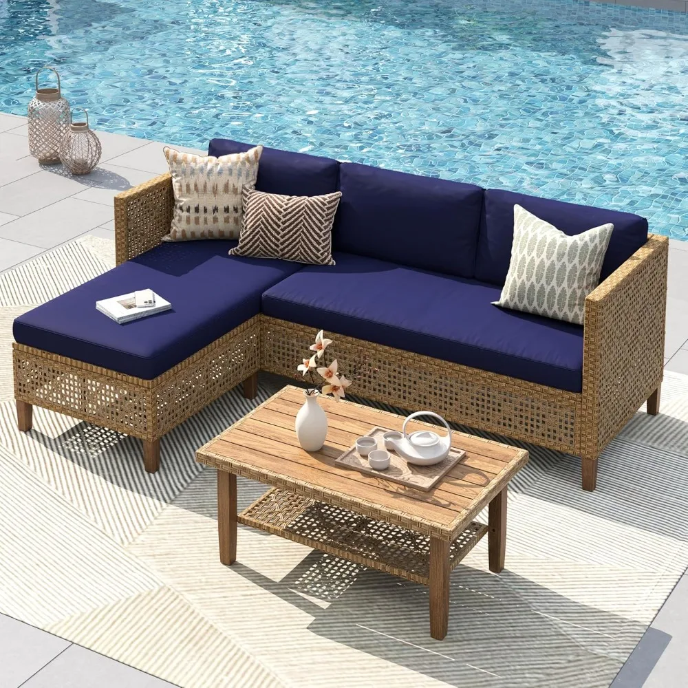 

PHI VILLA Wicker Patio Furniture Set, Sectional Outdoor Sofa with Cushions and Acacia Wood Coffee Table, L-Shaped Small Patio Co