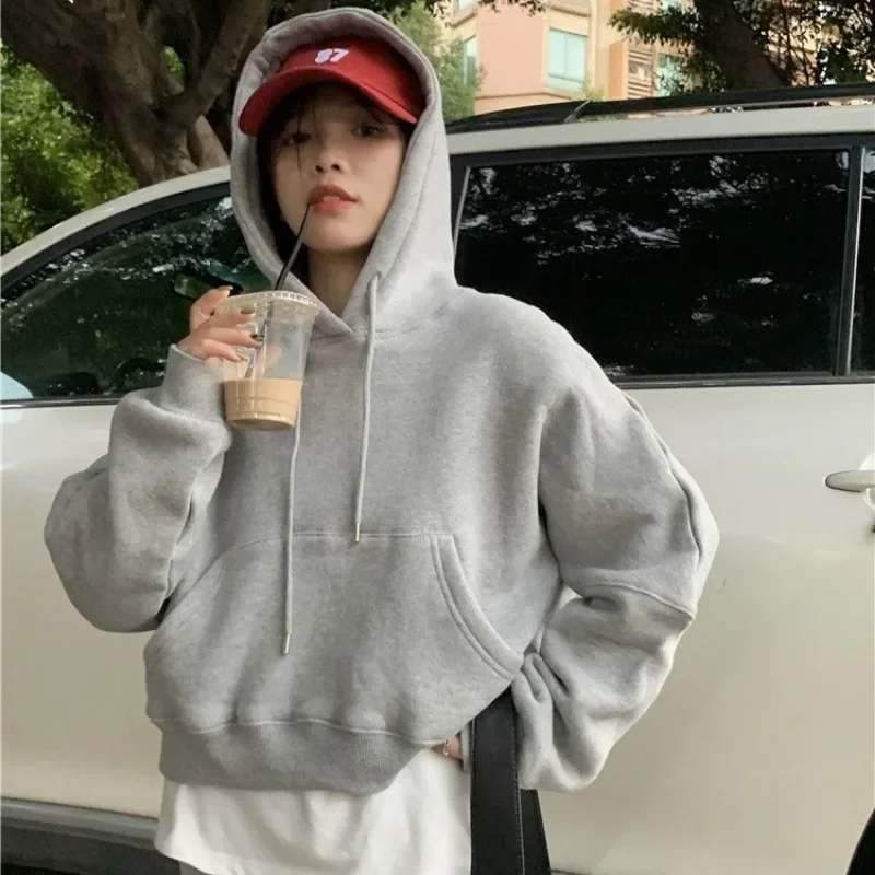 Korean Winter Women Solid Fleece Hoodies Clothing Long Sleeve Tops Loose Pocket Sweatshirt Female Casual Harajuku Pullover Y2k