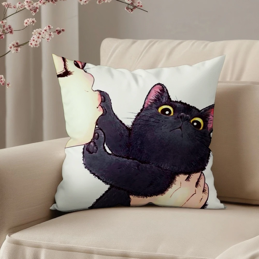 Square Throw Pillow Case White Black Cat Holding Foot Print Living Room Bedroom Sofa Chair Home Decor Cushion Cover