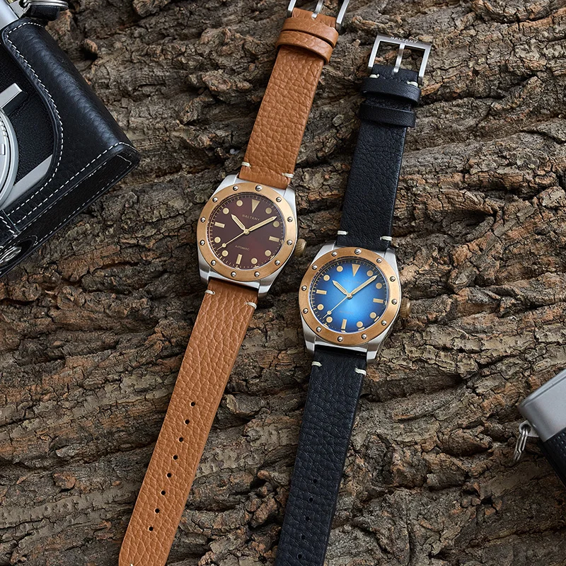 Vintage Watch Unique Tonneau Bronze And Stainless Steel Case 200M Waterproof Leather Strap NH38 Automation Mechanical Wristwatch