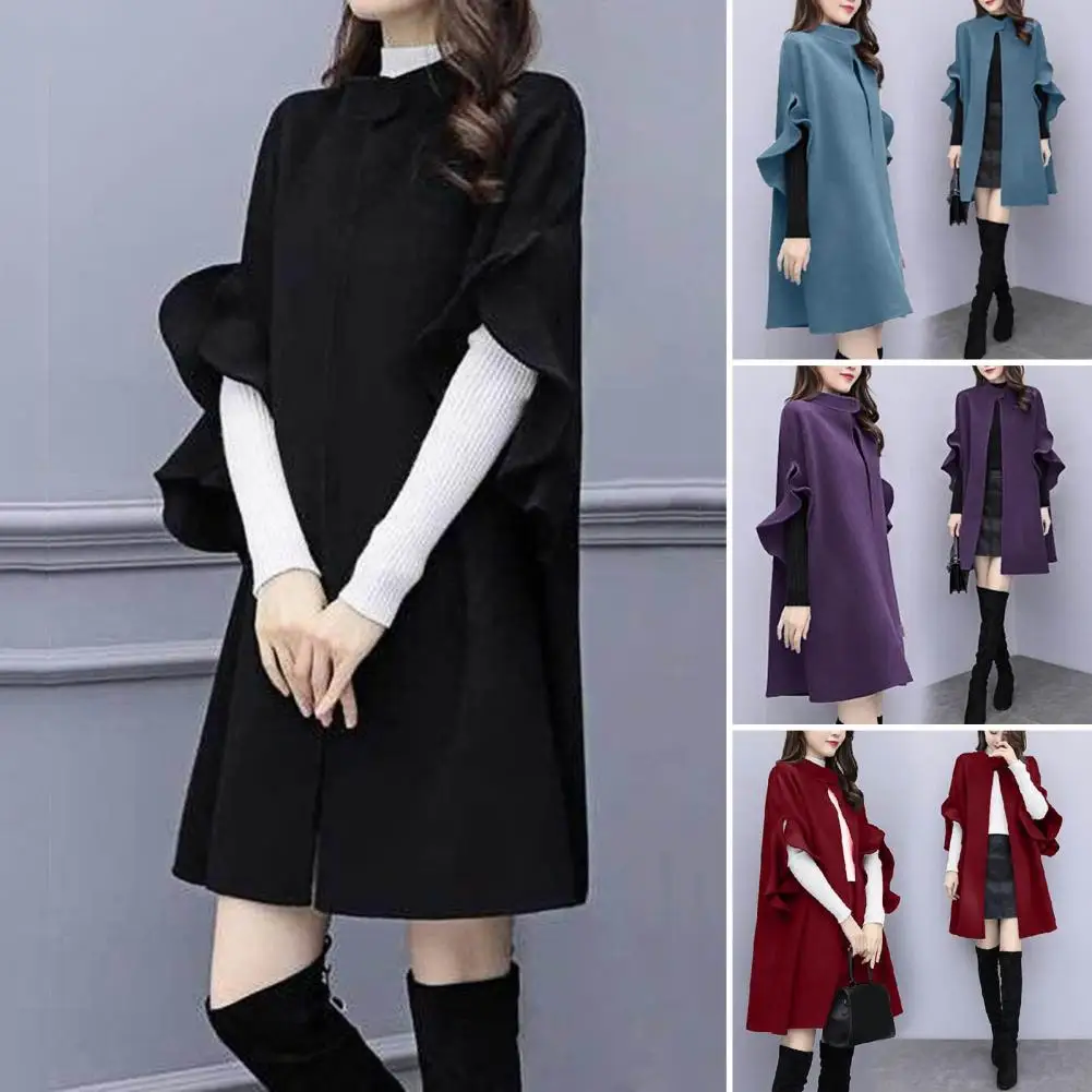 Frauen Winter Mantel Rüschen Formale Elegante Big Hem Midi Länge Langen Ärmeln Strickjacke Stehen Kragen Dame Mantel Mantel für Dating