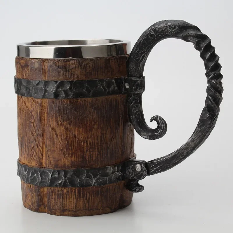 Simulated Wooden Barrel Double-layer Beer Mug, Creative and Personalized Resin Stainless Steel Liner Drinking Cup