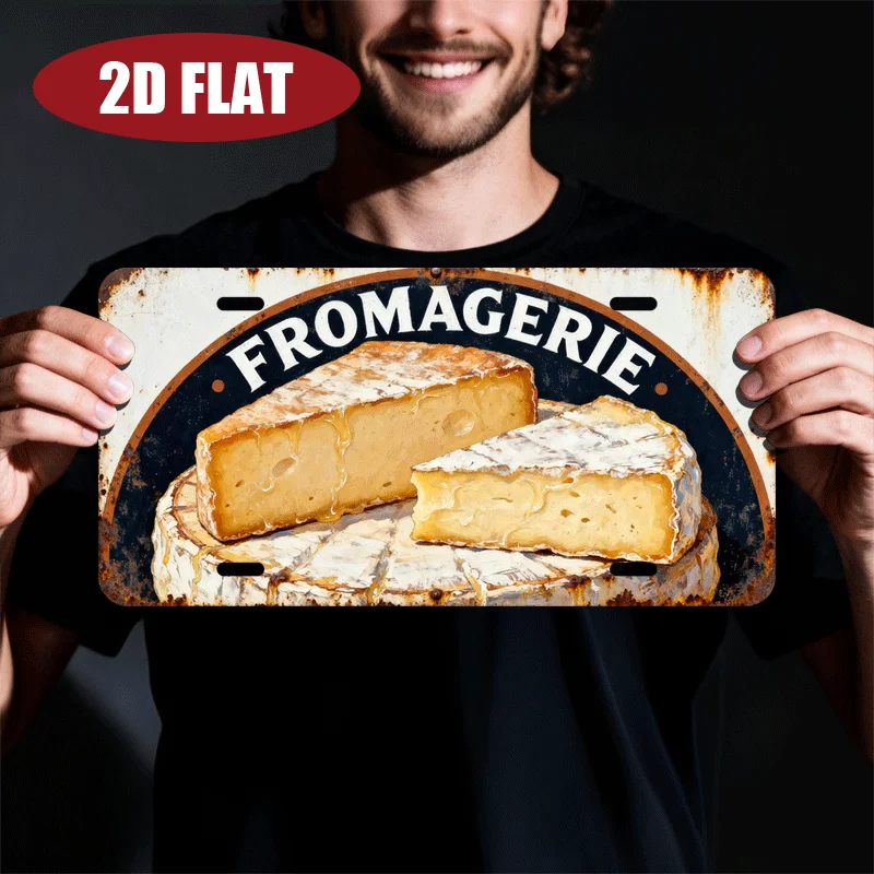 2D Flat 1pc Decorative Plaque 30.48x15.24cm Fromagerie Theme Aluminum License Plate France Cheese Gourmet Food Metal Sign for Ba