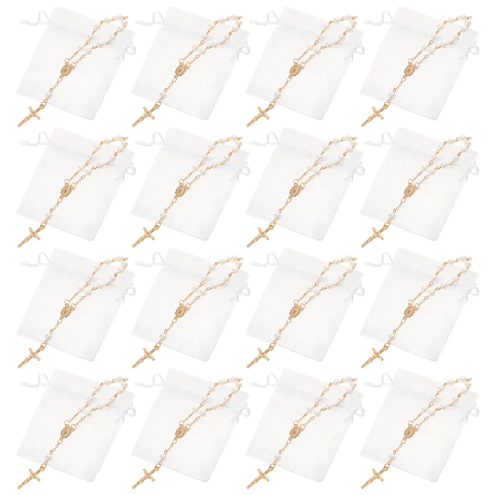 1 Juego de Pulseras de Rosario al por Mayor, Recuerdos de Bautismo, Pulseras Católicas con Cruz y Crucifijo, Bolsas de Organza Pequeñas, Comunión, Bautizo, Boda