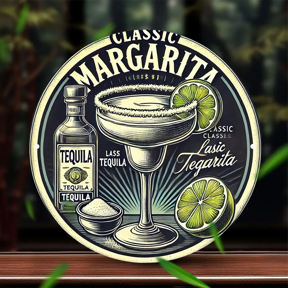 Letrero de estaño de aluminio Margarita retro redondo 2D plano, 2D plano, 1 pieza, decoración de pared de aluminio de 7,8 "con receta clásica de Margarita
