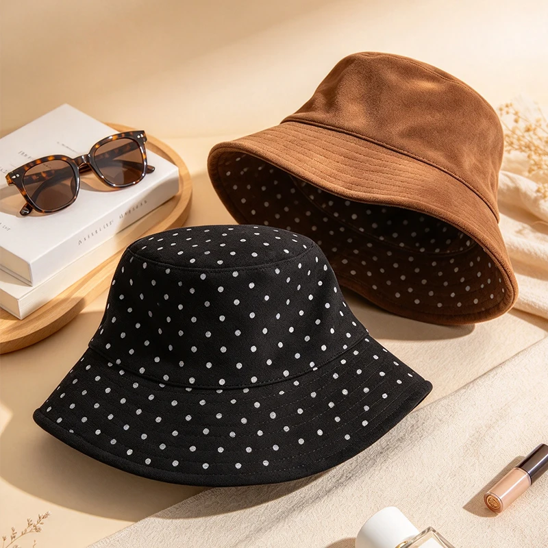 Women Suede Bucket Hat Reversible Polka Dot Lining Fisherman Cap Fall Winter Casual Fashion Outdoor Warm Hat for Daily Wear