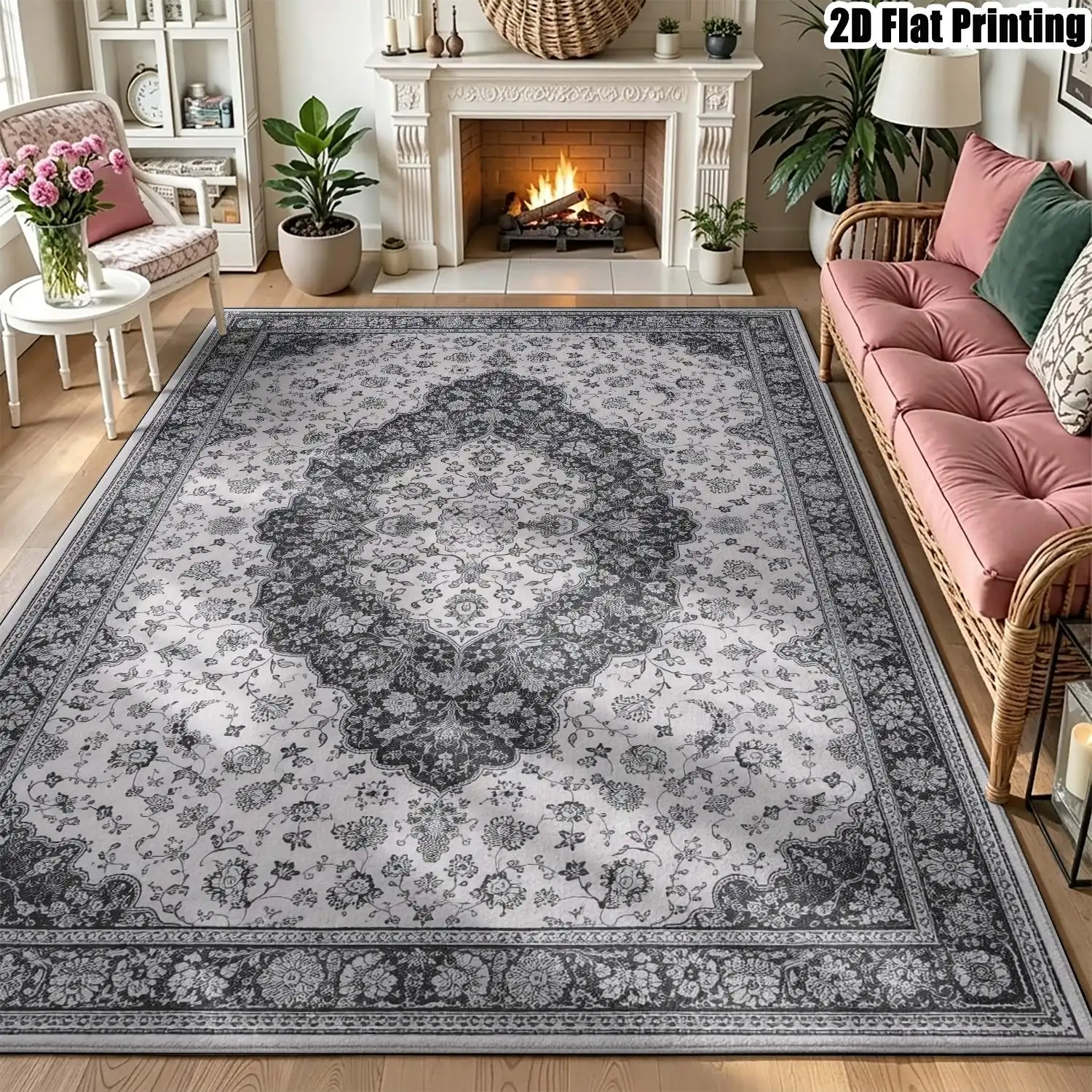 1Pc 2D Printed Retro Blue-Grey Floral Pattern Carpet: European/Retro/Geometric/Bohemian Style, Multi-Size, Machine Washable, for Home Decoration & Multi-Scene Use
