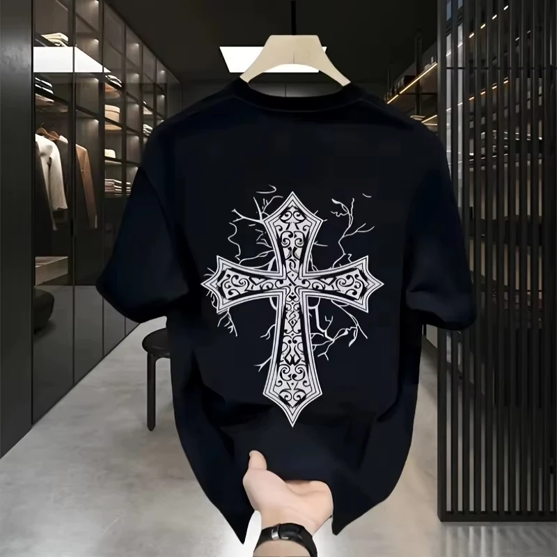 2026 New Men's loose T-shirt black and white color round collar design suitable for street casual w