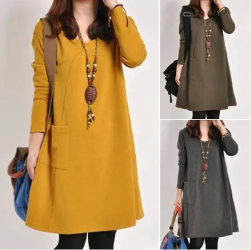 

2025 new large size women's casual comfort warm simple solid color V-neck loose round neck upper middle dress