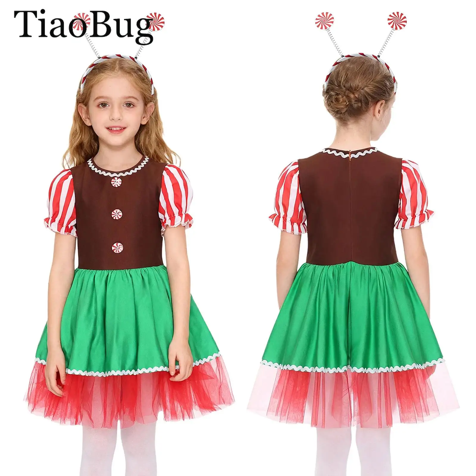 

Girls Christmas Gingerbread Man Costume Short Puff Sleeves Candy Cane Tutu Dress Santa Cookie Man Cosplay Skating Ballet Leotard