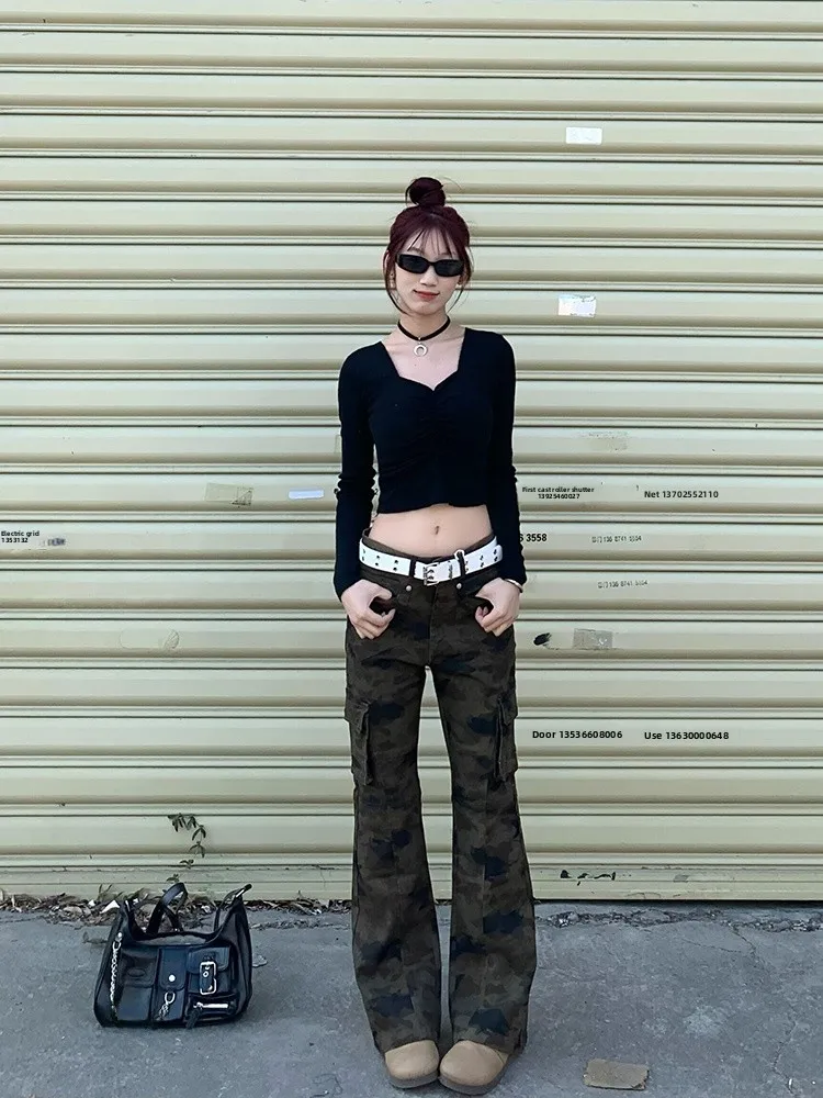 

Американские камуфляжные джинсы-колокольчики с низкой талией, женские весенне-осенние дизайнерские расклешенные брюки-копыта