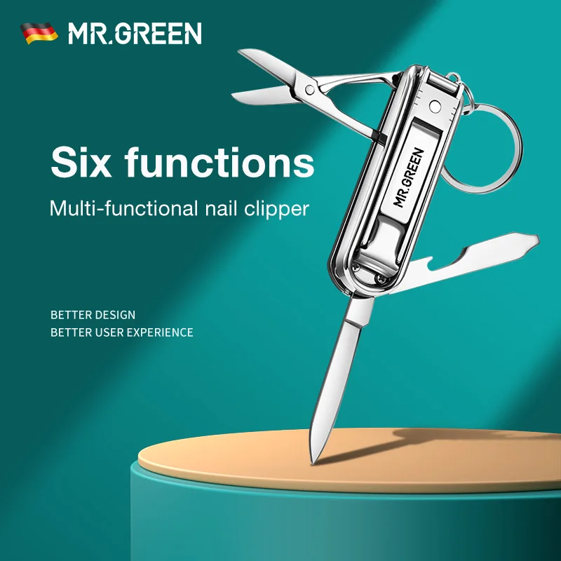 MR.GREEN Multifunctional Nail Clipper Stainless Steel Six Functions Nail Files Bottle Opener Small Knife Scissors Nail Cutter