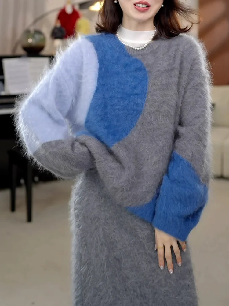 

Повседневный свитер с круглым вырезом, цветной, женский, свободного кроя, удобный, вязаный топ, модный, осенняя новинка, большие размеры