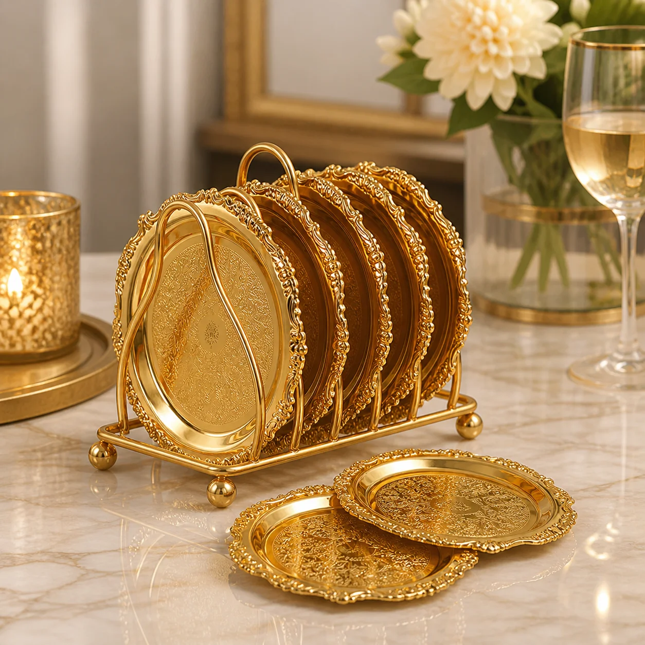 6Pcs Zinc Alloy Vintage Coaster Set with Storage Rack Gold-Color Metal Mini Plates Tea Coffee Cup Saucer Table Decor