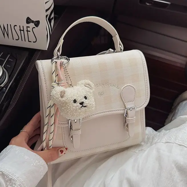 Sweet Cute Preppy Style Backpack Women Korean Square Embroidery Letter Shoulder Bag Ladies Plaid Multi Functional Crossbody Bags