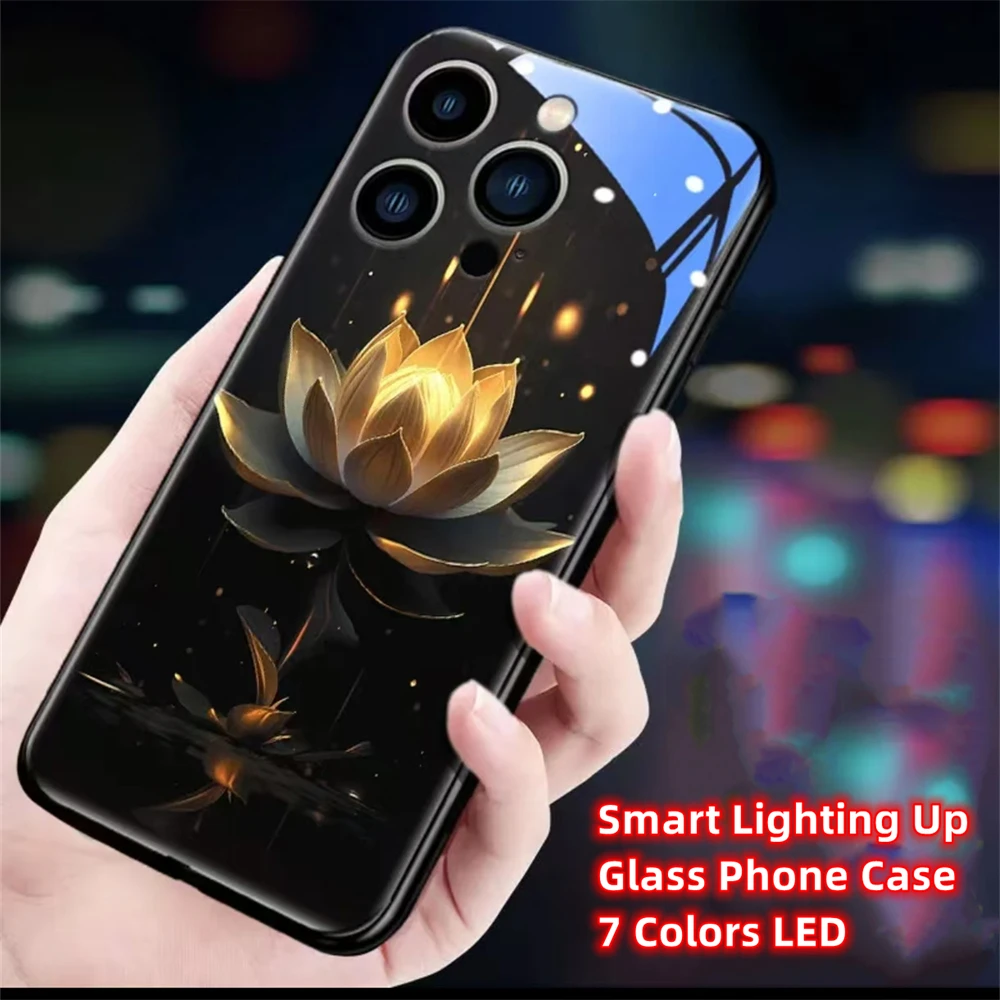 Night Fortune Golden Lotus Sound Control LED Flash Cases Leuchtende Glasabdeckung für iPhone Air 17 16 E 15 14 13 12 11 Pro Max Plus – Detail 33