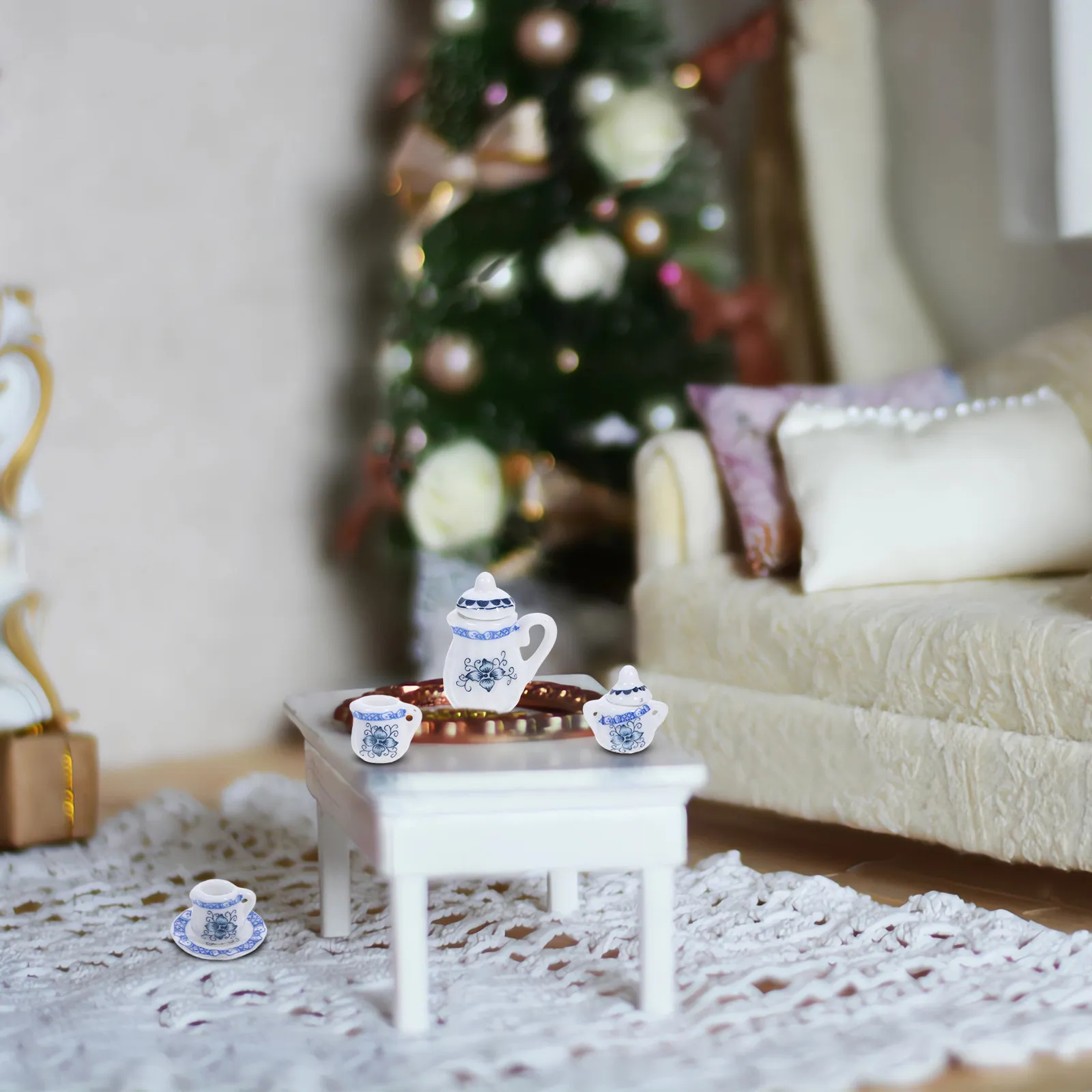 

1Set Miniature Ceramic Tea Ware Set Vintage Mini Teapot Teacups Saucer Dollhouse Kitchen Accessories Miniature Tea Cups Pretend